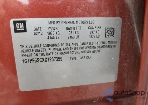 2012 Chevrolet Cruze Lt from USA, damaged, VIN 1G1PF5SCXC7267359